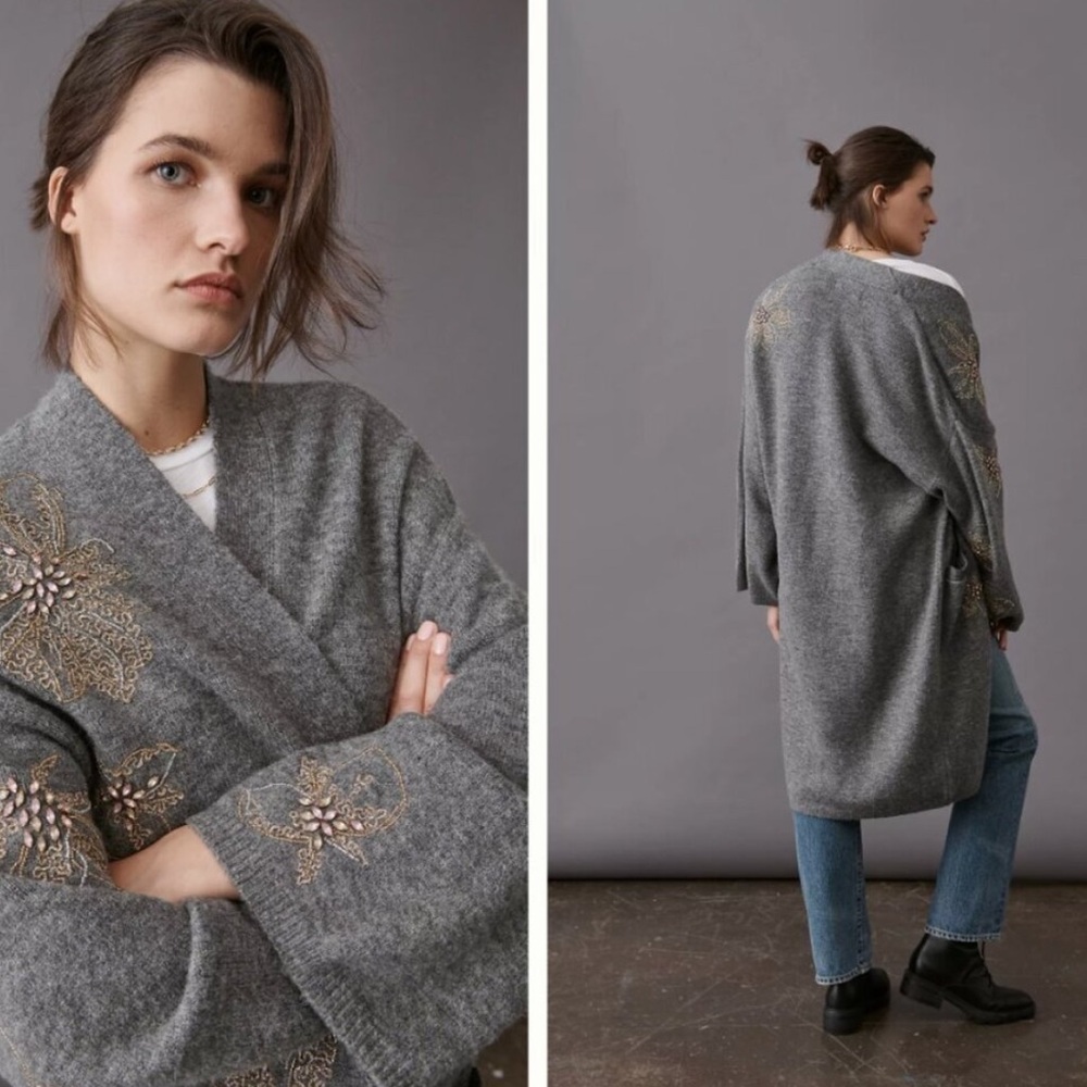 Anthropologie Gray Embellished Long Cardigan